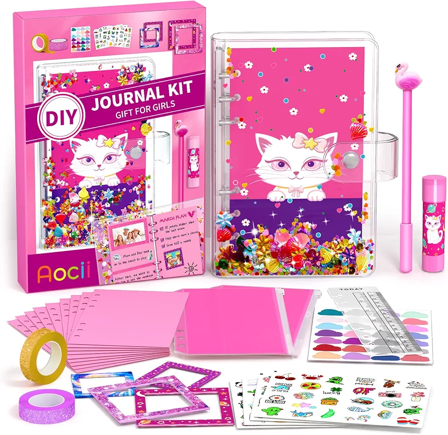 Aocii DIY Journal Kit for Girls, Gift for 6-13 Year Old Girls, Scrapbook & Diary Supplies Set, Birthday Gifts Ideas, Sparkly, Stimulates Minds, Unleash Creativity and Writing Skills