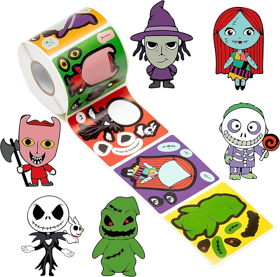 DRbaixiao 300Pcs Halloween Make a Face Stickers Christmas Scene Roll Horror Monsters Jack Sally Cartoon Skull Characters Self-Adhesive DIY Decals Game Party Supplies Favor School Art Crafts Reward