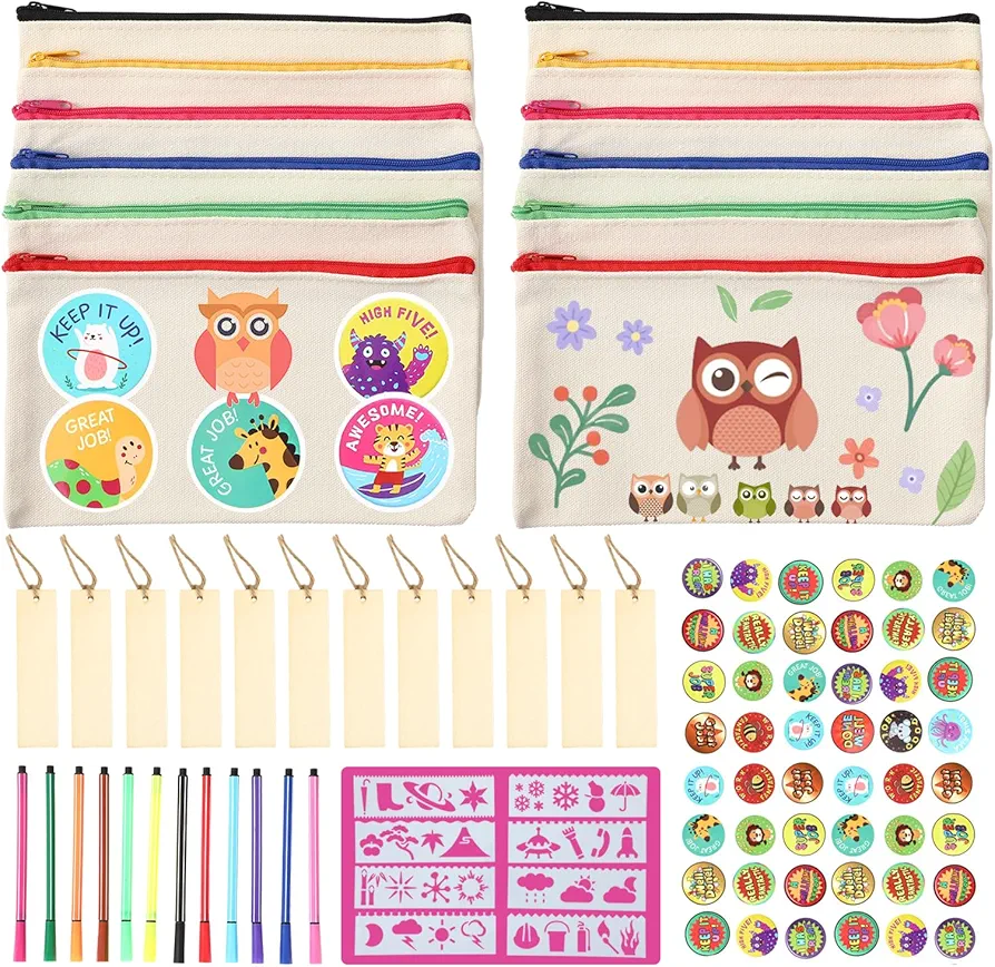 12PCS Blank Craft Zipper DIY Canvas Makeup Bags Pouch Pencil Case 8 Painting Stencils 50pcs Stickers Colorful Pens Wood Labels for DIY Art Craft Toiletry Cosmetic Bag Birthday Back to School Gifts
