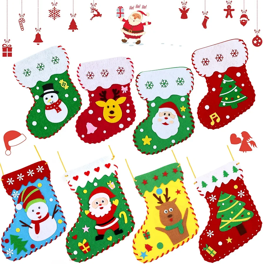 Skylety Christmas Felt Crafts for Kids DIY Christmas Felt Stockings with Ornaments Snowman Sewing Sock Kits for Kids Christmas Decoration for Christmas Party Handmade DIY Craft Supplies(8 Pieces)