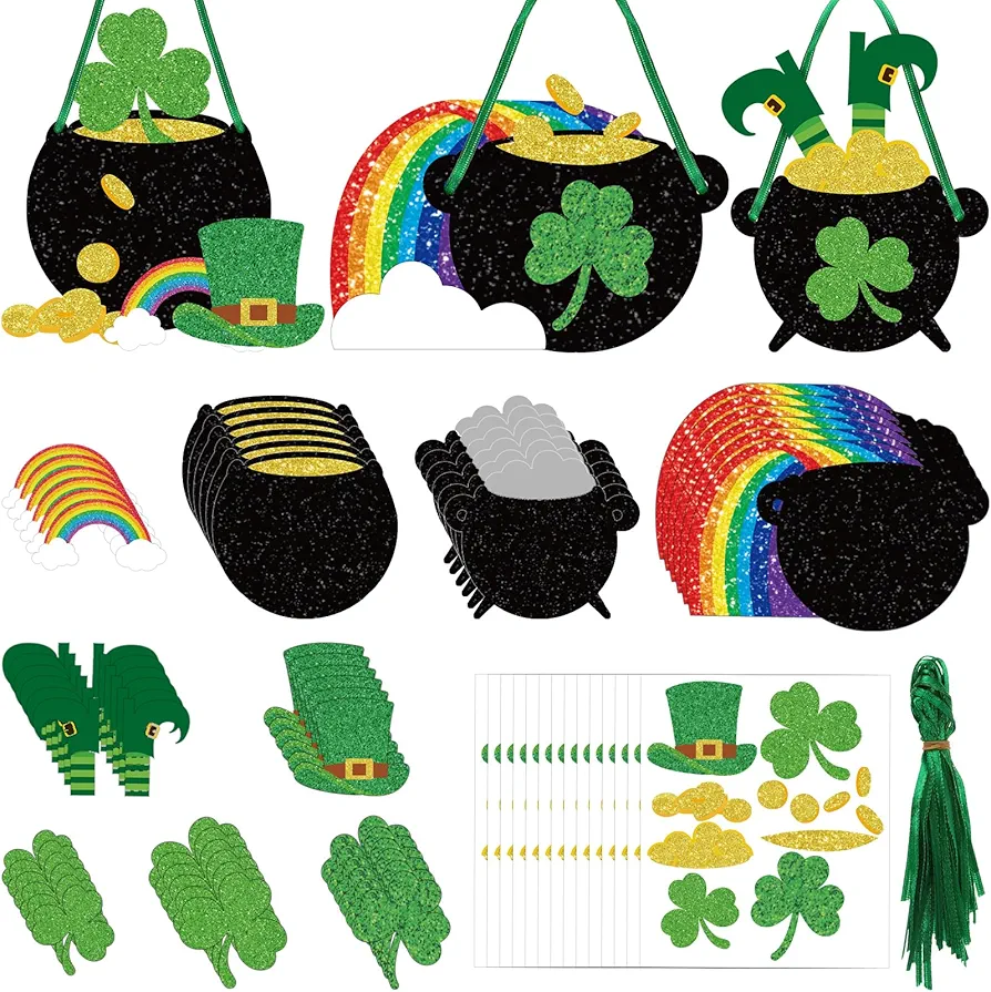Nuanchu 36 Sets St. Patrick Day Craft Kits for Kids DIY Gold Pot Shamrock Coin Hats Rainbow Stickers Hanging St. Patrick Day Decorations for Kids Irish Classroom Activity Luck Gift Art Party Favors