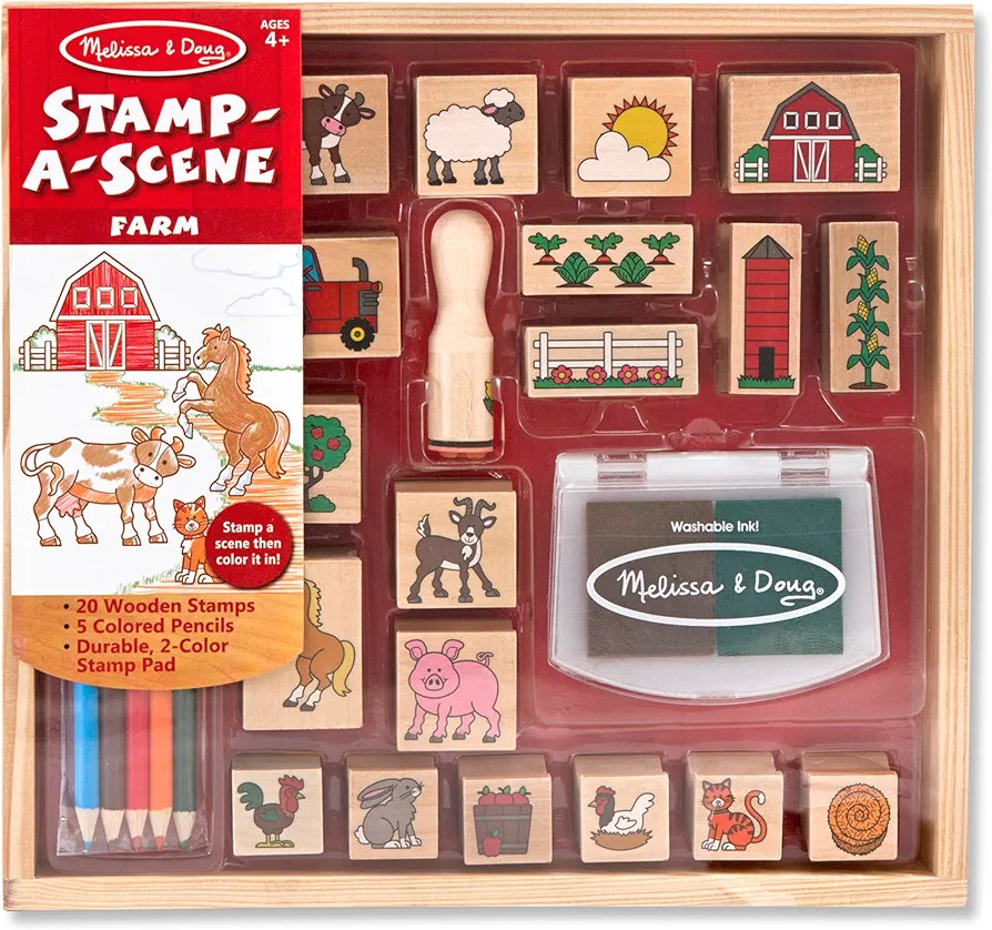 Melissa & Doug Stamp-a-Scene Wooden Stamp Set: Farm - 20 Stamps, 5 Colored Pencils, and 2-Color Stamp Pad