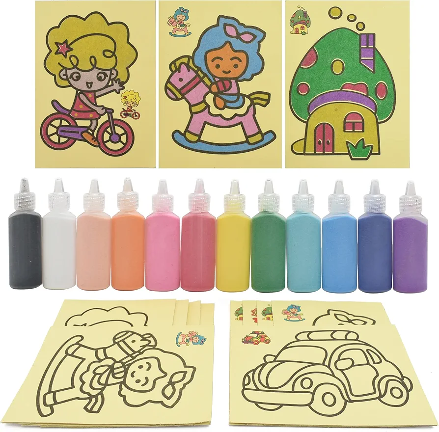 HOKPA Sand Art Kit, 12 Colored Sand Art Kit Art Sand Scenic Sand with 10 Sheets Sand Art Painting Cards Set, Succulent Terrarium Vase Decoration, 12 Color (1.25oz Bottles)