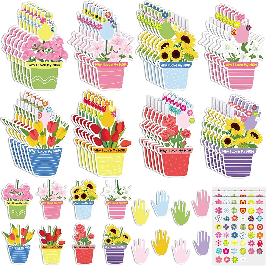 Colarr 48 Set Mother's Day Handprint Flower Craft Kit Why I Love My Mother Flower Pot Craft Gifts DIY Mother's Day Crafts for Kids Classroom Family Classroom Activities Art Project, 8 Styles