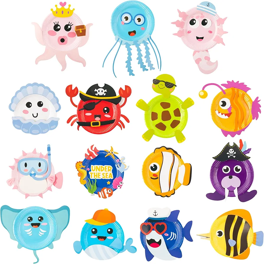 WATINC 15Pcs Ocean Animal Paper Plate Art Kit Under The Sea Themed DIY Art Project Turtle Whale Shark Octopus Jellyfish Crab Party Favors Decorations Preschool Classroom Activities for Boys Girls