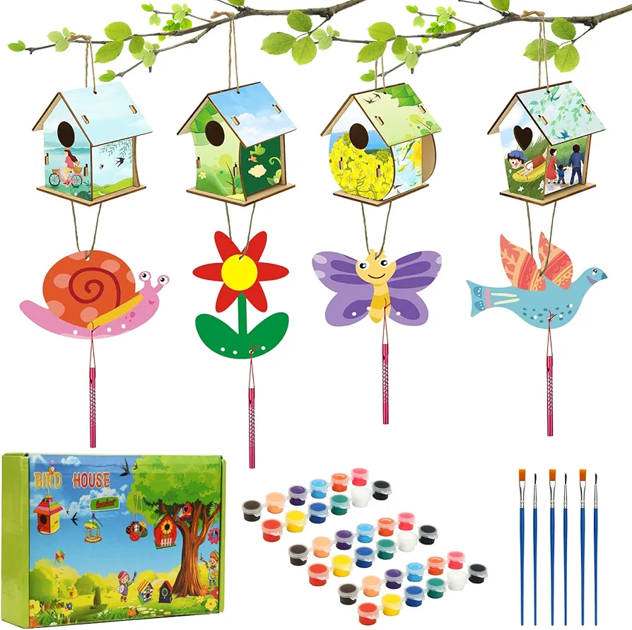JAS WENAS DIY Birdhouse Craft Kit for Kids - 8 Pack DIY Bird House Kit Painting Puzzle DIY Wooden Assembly, Build and Paint Birdhouse, Wooden Arts and Crafts for Kids Girls Boys Ages 4-6 6-8