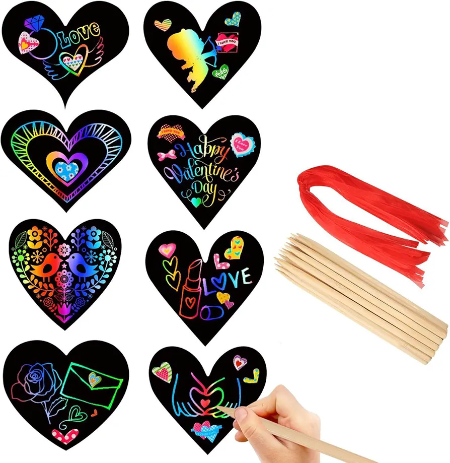28 Pack Valentine's Day Scratch Paper Art, Rainbow Heart-shaped Scratch Craft, Kids DIY Art Cards Ink-Free Scratch Off Heart Shade with Scratch Sticks, Red String, Valentines Kids Crafts Valentine's