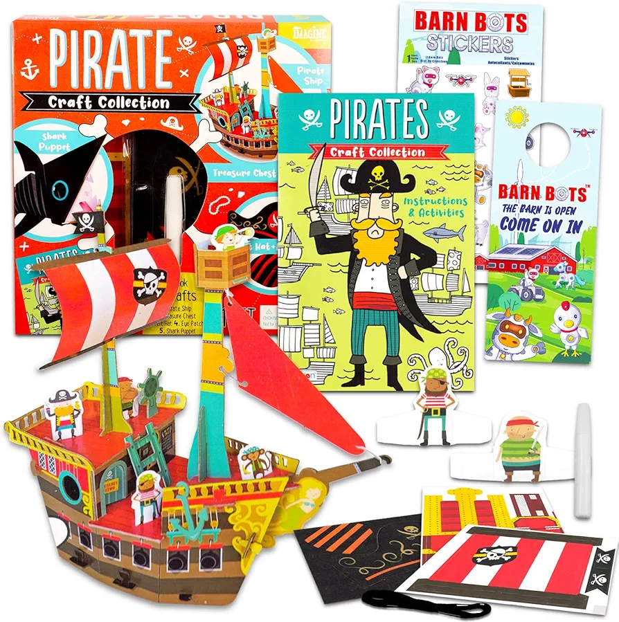 Pirates DIY Crafts Collection for Kids - 3D Puzzle Pirate Ship Craft Kit Bundle with 5 Paper, Sewing, Art Activities Plus Coloring Book, Stickers, Door Hanger | Pirates Arts and Crafts Projects