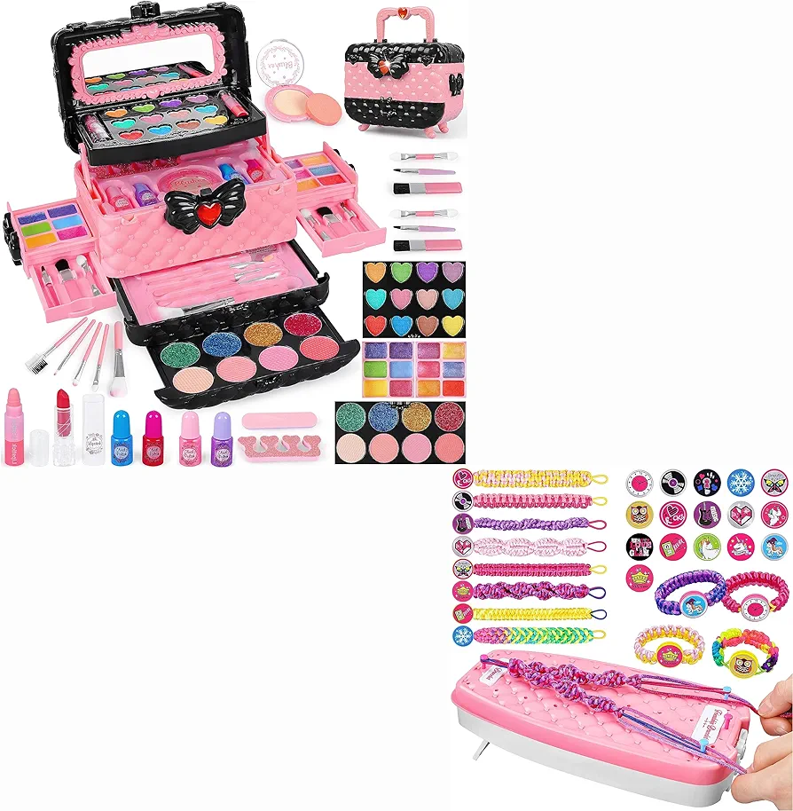 Kids Makeup Kit for Girls, Real Washable Pretend Play Cosmetic Set Toys,Friendship Bracelet Making Kit for Girls,DIY Arts and Crafts Toys