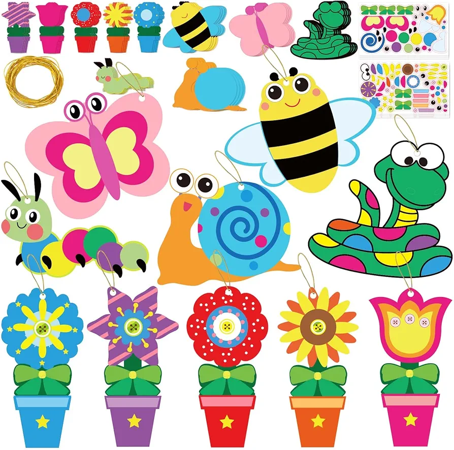 Ayfjovs 40 Pack Flowers Bug Craft Kits for Kids, Spring Summer Crafts for Kids, Flower Butterfly Craft Insect Craft for Early Education Classroom Spring Bulletin Board Decoration, Mother's Day Crafts