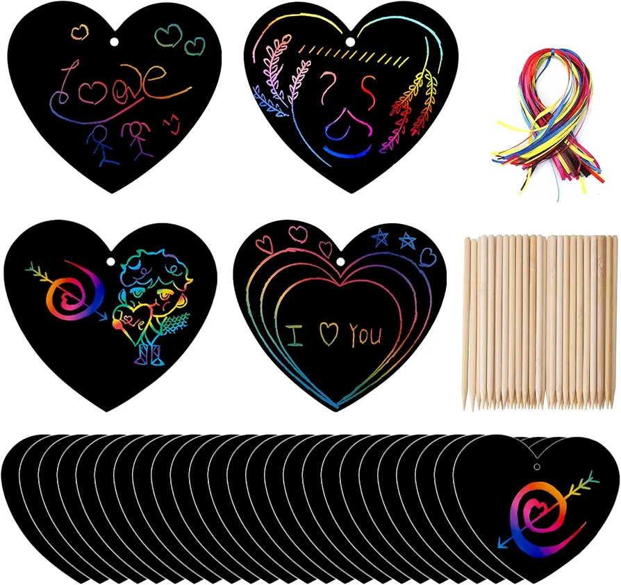 Valentines Day Scratch Paper, 30pcs Rainbow Magic Art Set with Ribbons Wood Stylus Heart Shape Color Drawing Paper Kit Kids Craft for Valentines Gift DIY Decoration