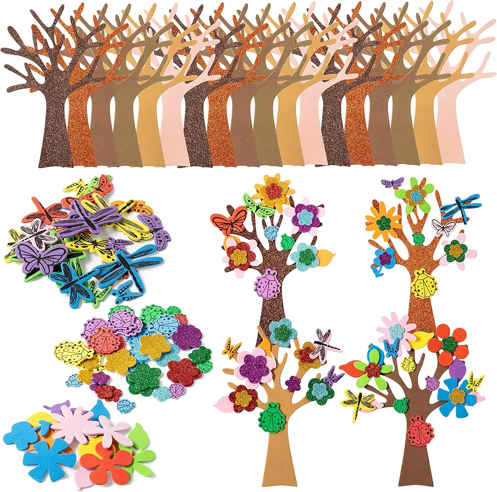 JAPBOR 86PCS Spring Tree Foam Craft Sticker, Springtime Glitter Flower Leaf Butterfly Self Adhesive Stickers, Make Your Own Spring Trees Party Decoration for Kids Art Fun Home Classroom Activities