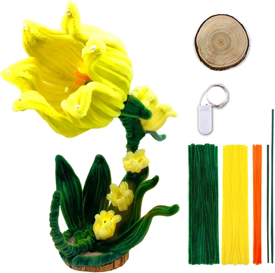 DIY Craft Pipe Cleaners Flowers Kit, 135 pcs Pipe Cleaners Set for Craft, Chenille Fuzzy Stem with Blinking Light Strip & Crystal Diamond Stickers for Art Creative Projects - Yellow