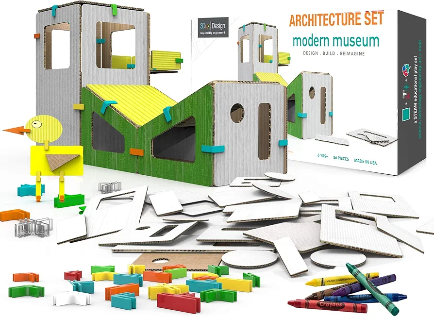 3DUX DESIGN Modern Museum Architecture Set. STEAM Toy for Early Education. Design, Build, Decorate with 86 Easy to Assemble and Reusable Pieces. Construction, Building and Open-Ended Play