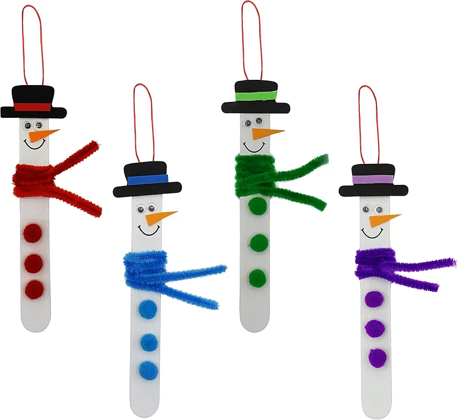 4E's Novelty Christmas Snowman Stick Ornament Craft Kit (12 Pack) Bulk Christmas Crafts for Kids Toddlers 2-4 4-8 DIY Winter Arts and Craft Kit Activity Project