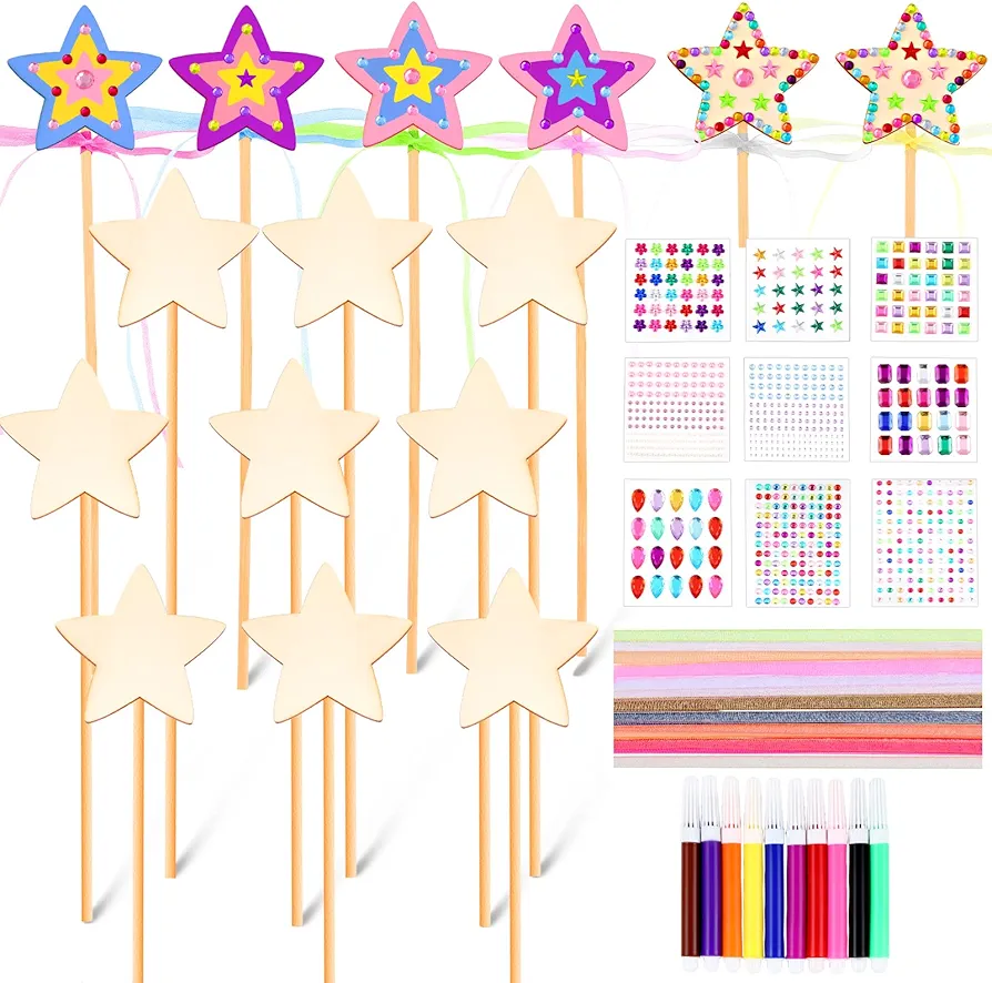 57 Pcs Star Princess Fairy Wands Kit Make Your Own Princess Wand DIY Art Craft Magical Wand Include 18 Star Wooden Fairy Wands 9 Gem Stickers 20 Ribbons 10 Markers Party Supply