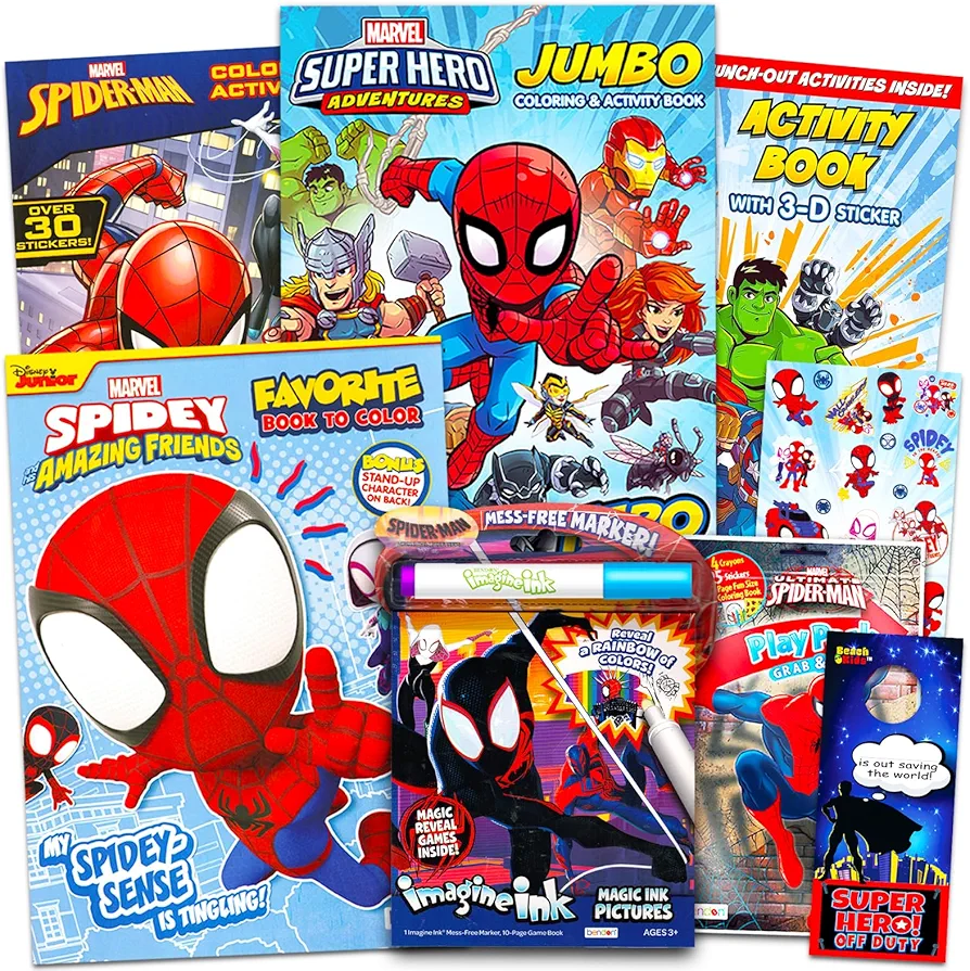 Marvel Spiderman Coloring Books Bulk for Kids - Spiderman Coloring Art Set Bundle Includes 6 Coloring Books with Activities, Stickers, and Games Featuring Spiderman, More | Spiderman Activity Set Bulk