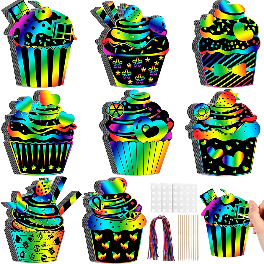 RoundFunny 60 Pieces Cupcake Scratch Cards Rainbow Summer DIY Scratch Card Art Ornament Scratch Crafts Card for Kids Birthday Party Classroom DIY Activities