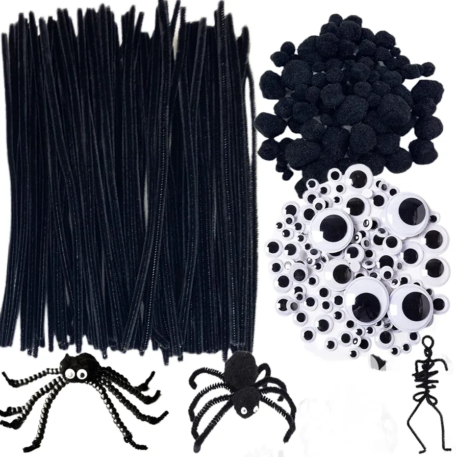 ANDES Craft Supplies Set - Pipe Cleaners Set Which & Pipe Cleaners, Pom Poms,Sticks,Wiggle Googly Eyes，Scissors & for DIY School Art Projects (Halloween Pipe Cleaners-Blank)