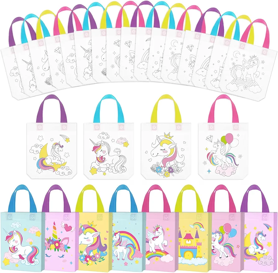 Kajaia 24 Pcs Coloring Goodie Bags Reusable Unicorn Party Favor Bags Coloring Totes Coloring Gift Bags for Boys Girls Birthday Party DIY Crafts Party Supplies