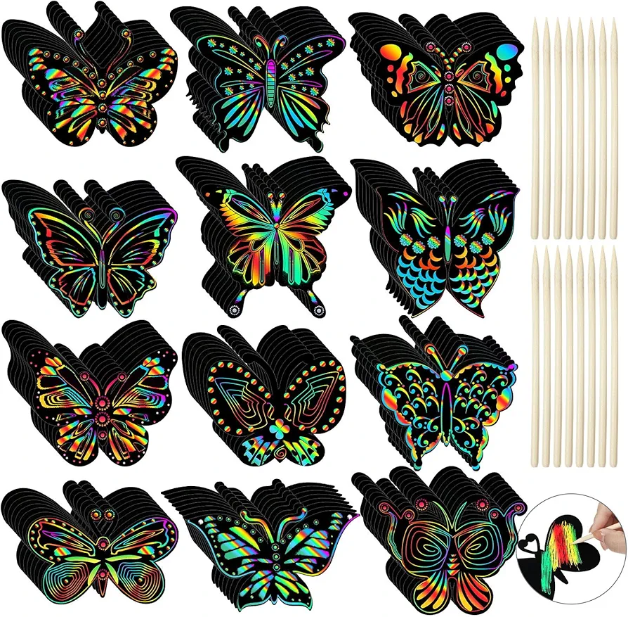 Sratte 120 Pcs Butterfly Scratch Cards 12 Styles Rainbow Spring Scratch Crafts Butterfly Party Favors with 60 Bamboo Stylus Kids' Paper Craft Kits for DIY Home Decoration Art Games