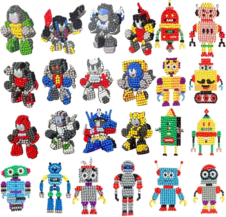 Augweyang 5D Diamond Art Craft Painting Kits for Kids Robot Blocks Mosaic Painting Dots Stickers Paint by Numbers DIY Drawing Arts Crafts Supplies for Children 24Pcs