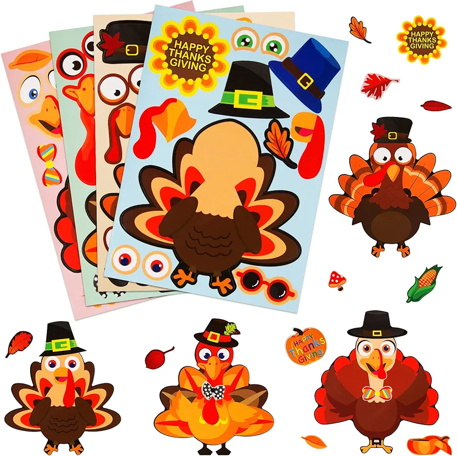 Thanksgiving Crafts for Kids, 24 Pcs Thanksgiving Make-A-Turkey Stickers for Kids Thanksgiving Party Favors 4 Style Thanksgiving Games Activities Supplies