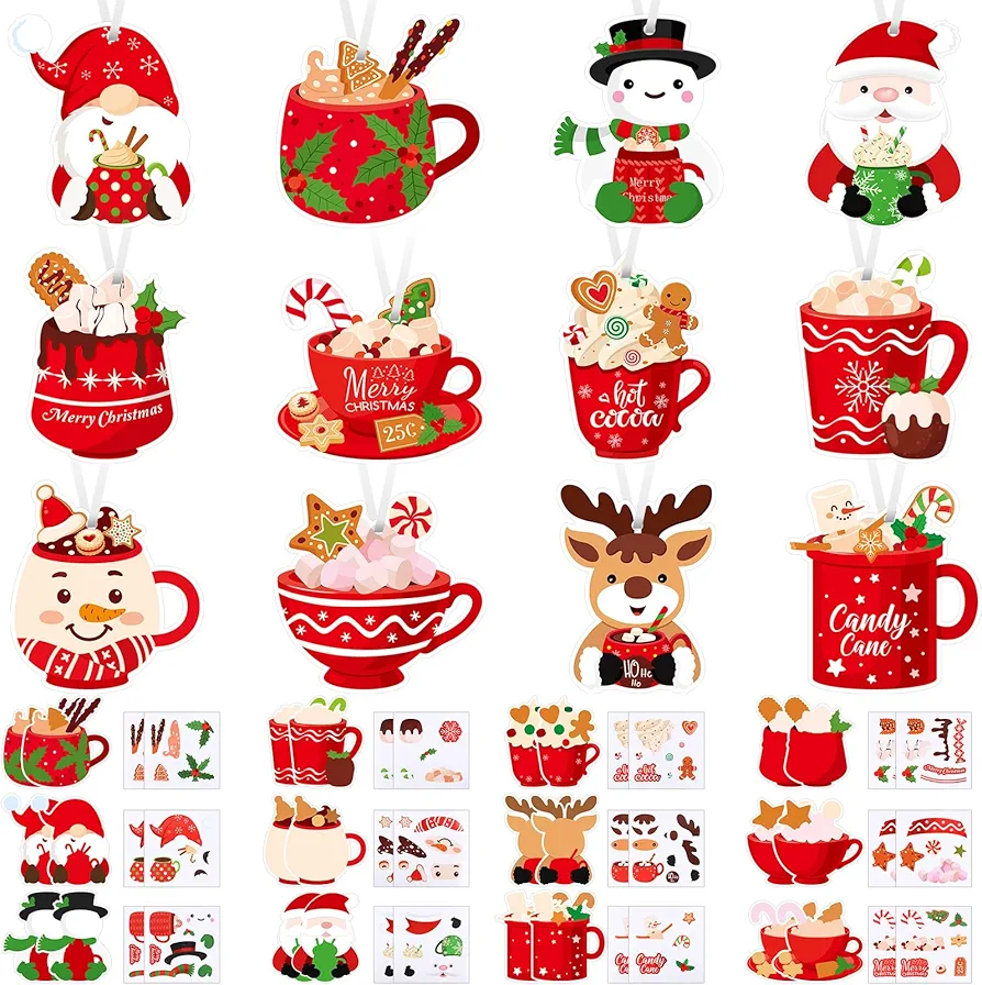 Civaner 24 Sets Christmas Crafts Kits for Boys Girls Hot Cocoa Christmas Ornament Crafts for Christmas Tree Decorations DIY Sticker Craft for Classroom Decor Xmas Gift Winter Holiday Party Supplies
