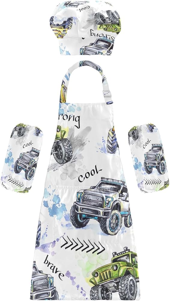 Kids Apron and Chef Hat Set, Waterproof Cartoon trucks Child Apron with Pockets for Cooking Painting