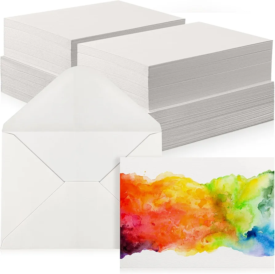 200 Set Unfoldable 5 x 7 Inch Pure Cotton Watercolor Cards Set Blank Cotton Watercolor Cards with Envelopes 140 lb Heavyweight Paper Watercolor Postcards for Art Painting Creative Thank Note