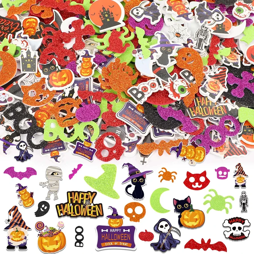 JULBEAR Bulk Halloween Foam Stickers,900Pcs Halloween Decorative Glitter Color Printing Pattern Self-adhesive Pumpkins Ghost Bats Monster Foam Stickers for Arts Crafts Home Party Decorations Supplies