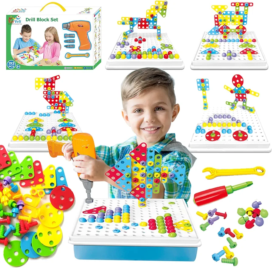 ToyVelt Kids Drill and Screw Set, Creative Mosaic with Toy Drill & Kids Screwdriver Toy Set, 93 Pieces Perfect STEM for Kids 3,4,5,6 and Up, Ideal Design and Drill