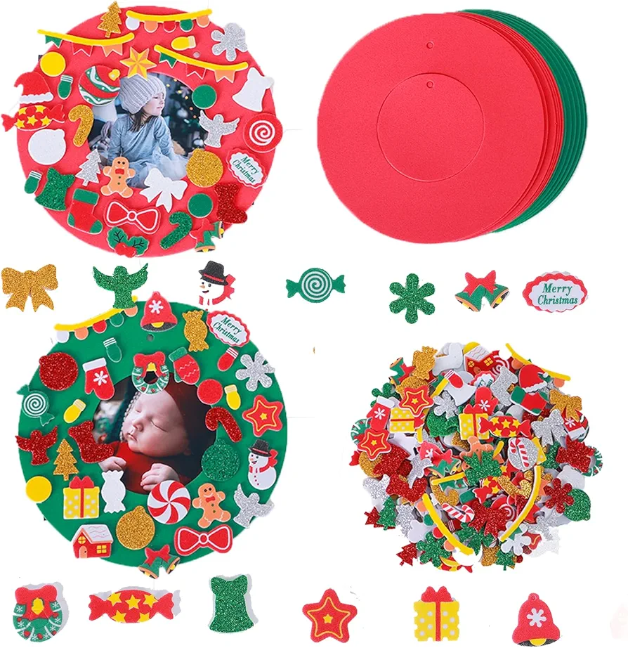 TINYFUTURE 16 Set Christmas Picture Frame Craft kit with 500 Piece Sticker and Self Adhesive Magnet Art Day Christmas Ornament for Kids Girls Boys Xmas Party Favor Home Decor