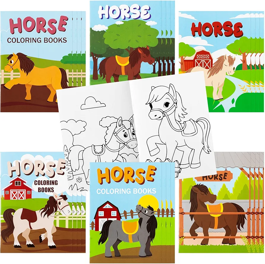 JAPBOR 24pcs Horse Party Coloring Books for Kids, Farmhouse Pony Color Pages Drawing Booklet Bulk, Cartoon Western Horses DIY Art Painting Craft Games Party Favors Carnival Goodie Bags Fillers
