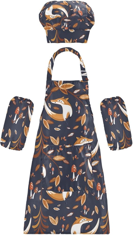 Fox Trees Mushroom Kids Apron And Chef Hat Set for Boys Girls Cooking Adjustable Aprons Toddler Child Apron with Pocket Lightweight Art Chef Gardening Apron for Crafting Painting Baking