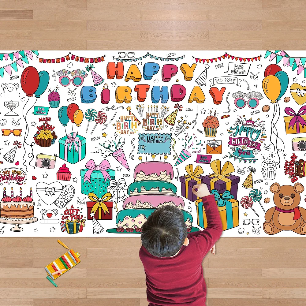 OHOME Birthday Giant Coloring Tablecloth - Birthday Decorations - Arts and Crafts for Kids Ages 8-12,Kids Crafts for 4 5 6 7 8 9 10 Year Old Girl Boy Birthday Gift,School Stuff Supplies for 4-8