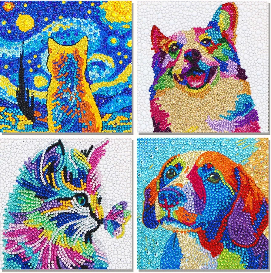 Libfx Diamond Art Kits for Kids 4 PCS Diamond Art for Kids Girls Boys Beginners Arts and Crafts for Kids Ages 8-12 (Cat-Dog)