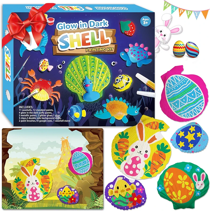58 PCS Kids Arts & Crafts Painting Gifts for Boys Girls - Sea Shell Glow in the Dark Painting Kit 16 Real Shell Creative Activity DIY Craft Kits Toys Birthday Party Favors 6 7 8 9 10 11 12 Year Old