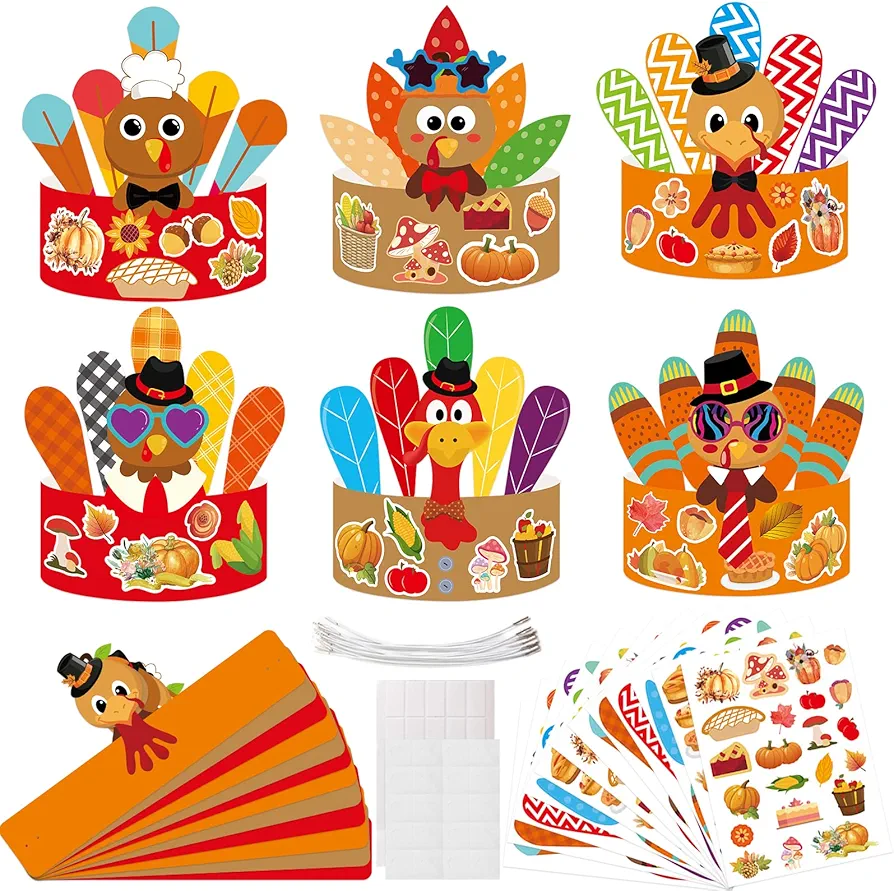 DIY Thanksgiving Turkey Craft Kits 12 PCS Fall Headbands Crowns Hats Party Decoration Supplies for Kids School Holiday Activity