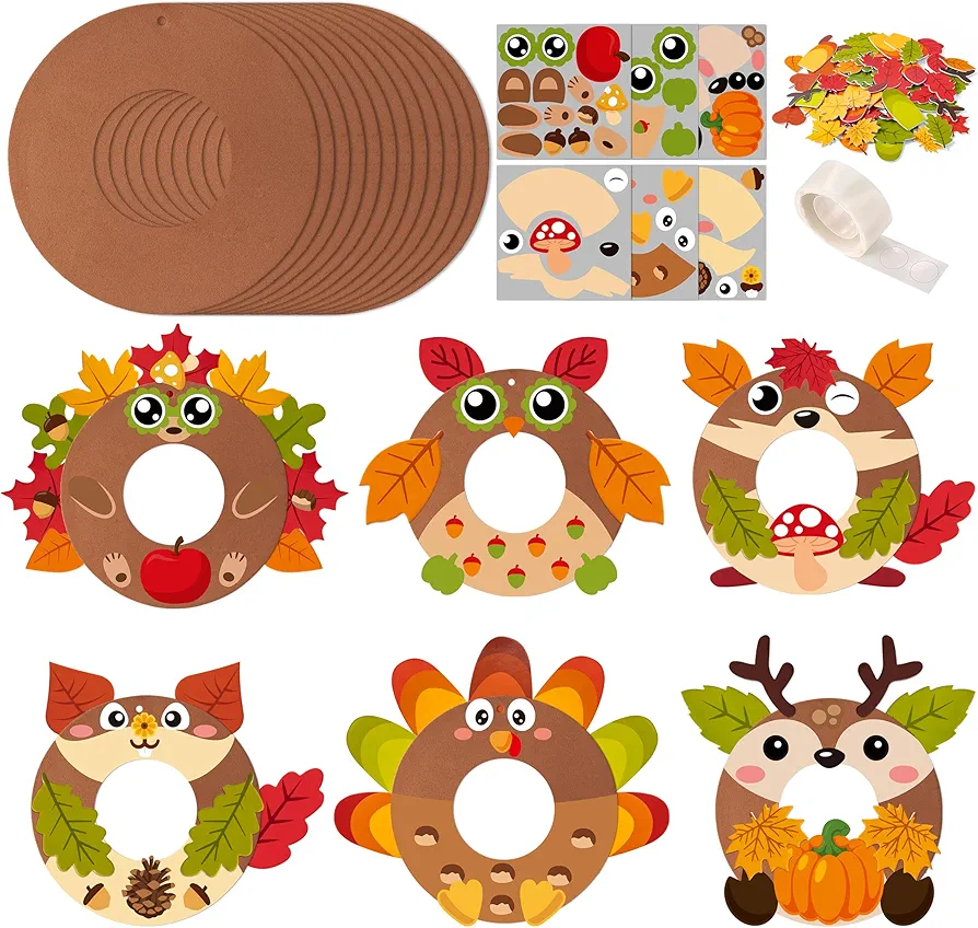 Haooryx 12 Set Fall Leaf Wreath Craft Kits, Autumn Theme Make Your Own Cartoon Animals Wreath Door Sign, Cute Owl Turkey Hedgehog with Maple Leaf DIY Foam Wreath for Fall Thanksgiving Party Supplies