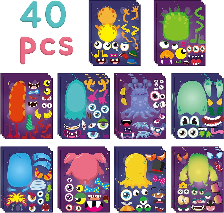 MALLMALL6 40Pcs Halloween Monsters Make a Face Stickers Sheets for kids Make Your Own Little Monster Party Favors Supplies Art Crafts DIY Creative Project Birthday Baby Shower Decor for Kids