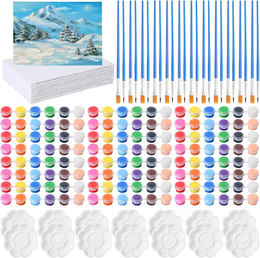 Qilery 12 Sets Acrylic Paint Kit 5 x 7 Inch Canvas Panels 12 Colors Acrylic Paint Strips Painting Brushes Palettes Art Set for Kids Adults Birthday Classroom Party Favors