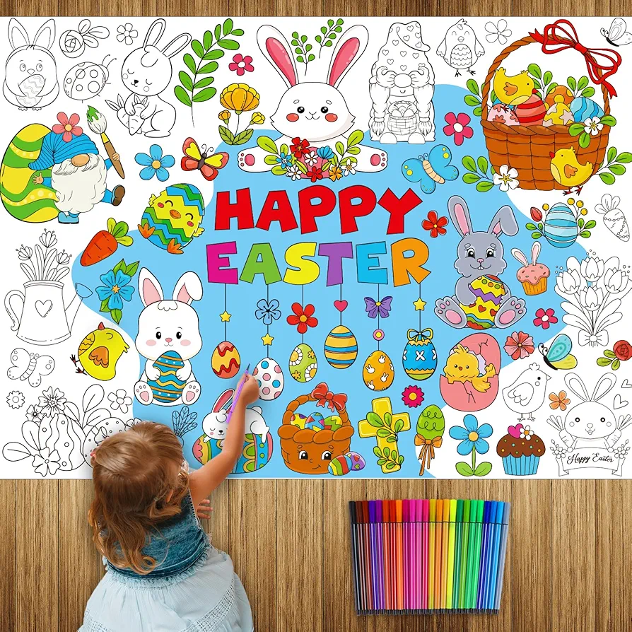 Kepeel Easter Giant Coloring Poster with 24 Colored Paint Pens Happy Easter Large Coloring Books Tablecloth Art Craft for Kids Classroom Activity Home Party Decor Supplies Favor 43.3 x 31.5 Inch