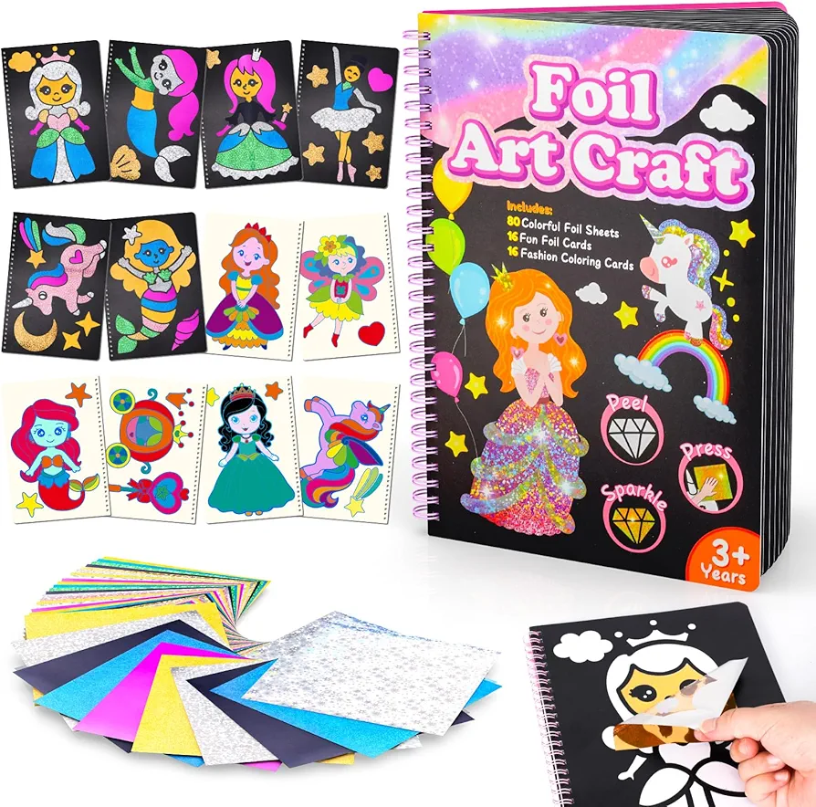 Mess Free Coloring Craft for 4 5 6 7 8 Year Old Girl Gifts, Foil Fun Art Kit for Kids Ages 4-8 8-12, No Mess Creative Art & Craft Activity Gifts for 5 6 7 8 9 Year Old Girls Kids Birthday Party Favors