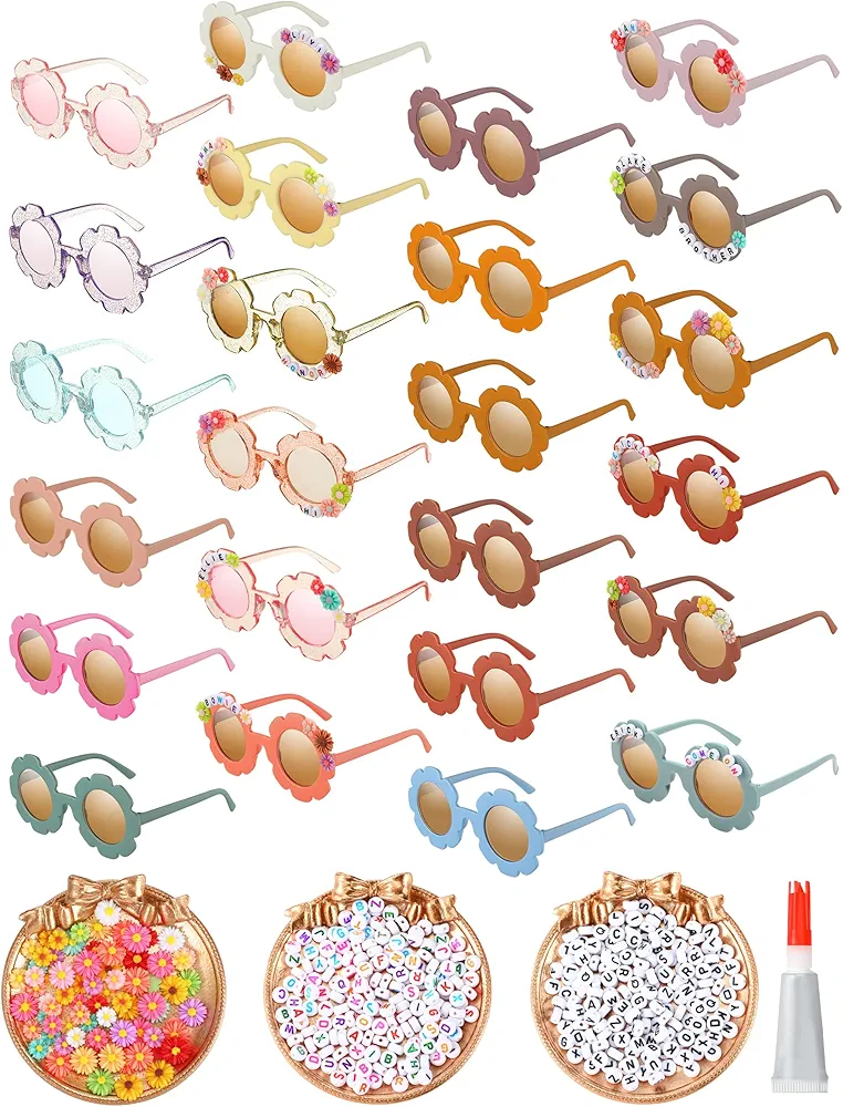 Cindeer 24 Pcs Kids DIY Round Flower Sunglasses Boho Flower Sunglasses Set Includes 100 Pcs Daisy Charm 416 Pcs Letter Beads and Glue for Kid DIY Craft Party Favors Gifts Supplies