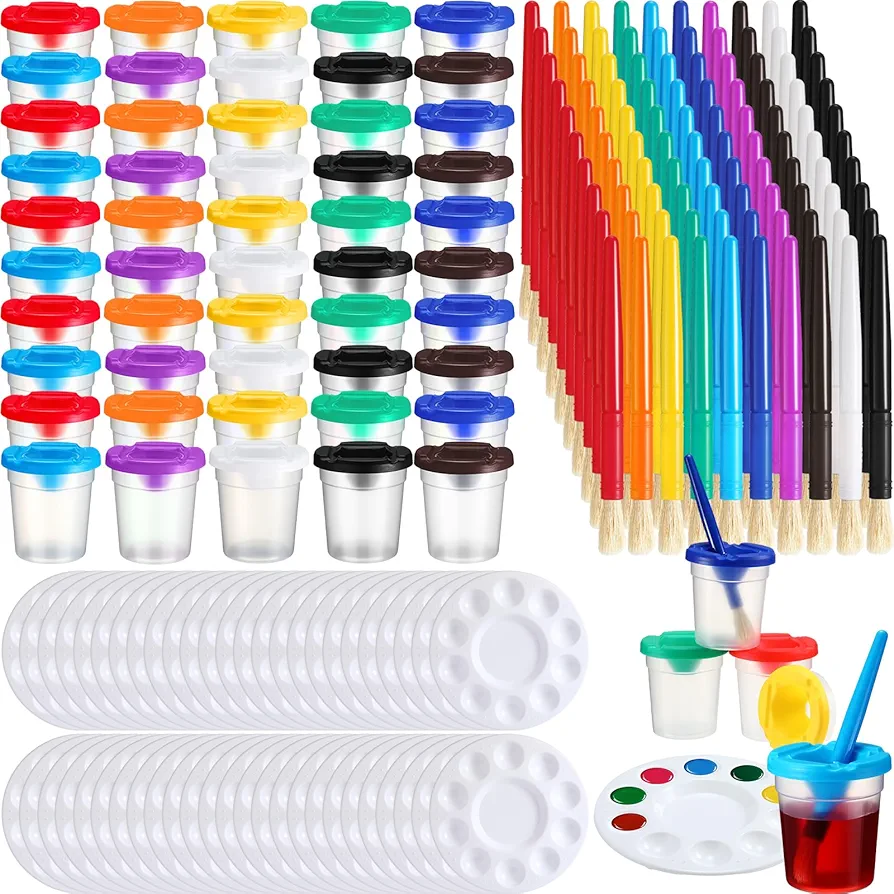 Jetec 150 Pcs Kids No Spill Paint Cups Paint Brushes Paint Tray Palettes Set Colorful Paint Cups with Lids Paint Pen Brushes Palette Tray Painting Tool Supplier for Kids Gifts School Prizes Art Party