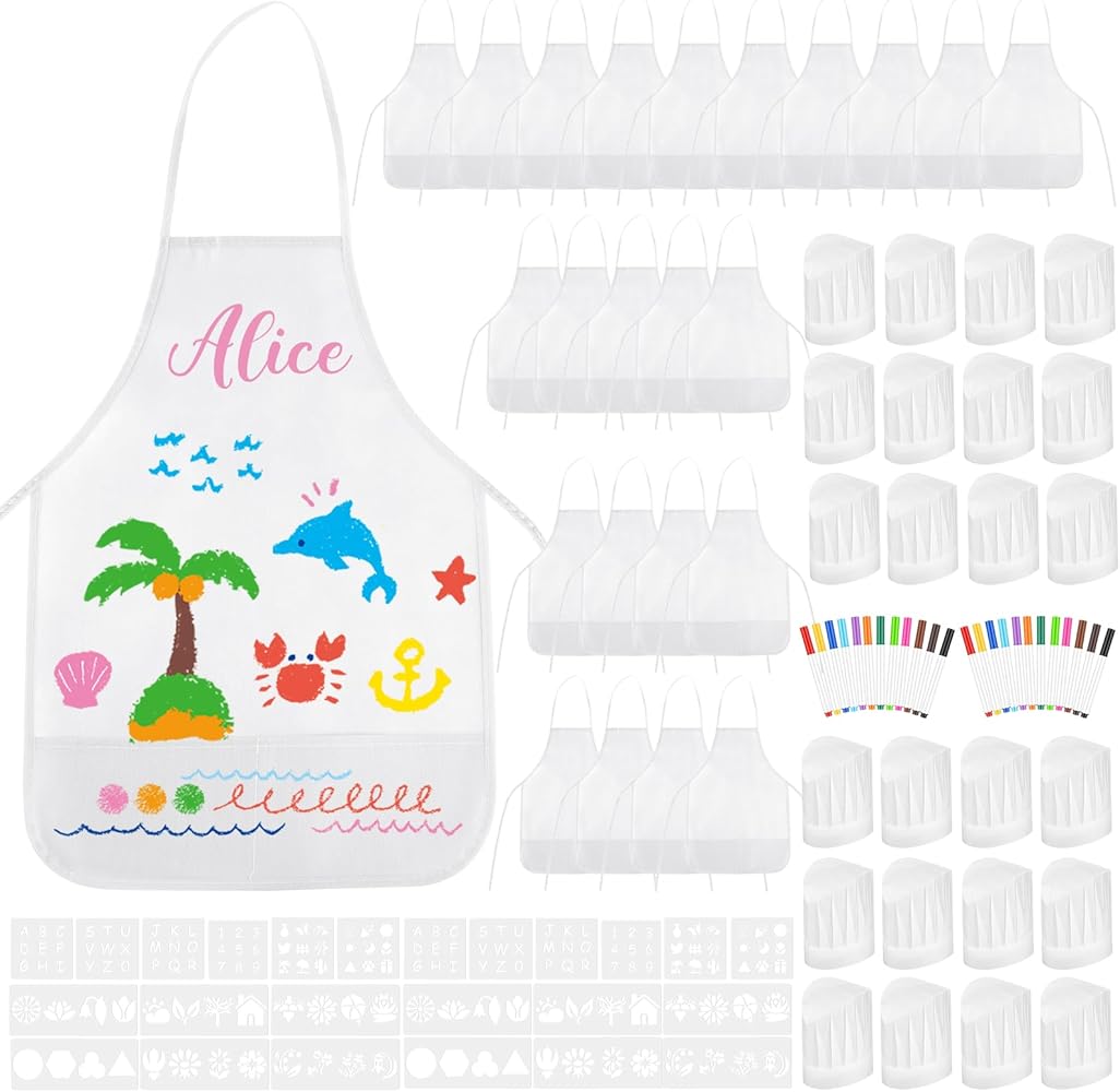 DIY Kids Chef Hat and Apron Set Kids Painting Aprons with Colored Pen and Crafts Template for Baking Painting Craft