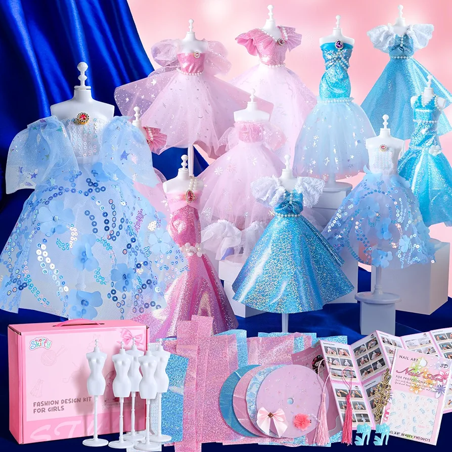 Skirfy Fashion Design Kit for Girls Ages 8-12, 5 Mannequins, DIY Art Craft Kit, Accessories, No Sewing Mode, Birthday Gift