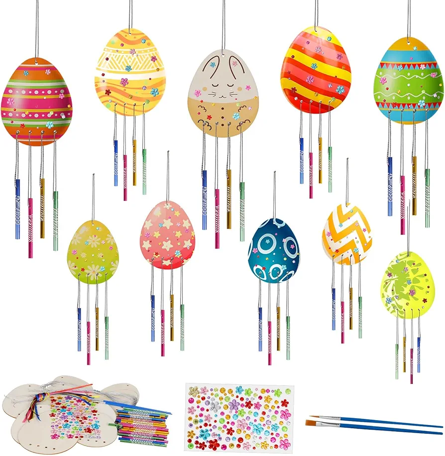 10 Pack Wind Chime Kit for Kids,Easter Egg Craft Kits DIY Windchimes Unfinished Wooden Egg Ornaments for Boys Girls Activity Art Project Easter Spring Party Decoration