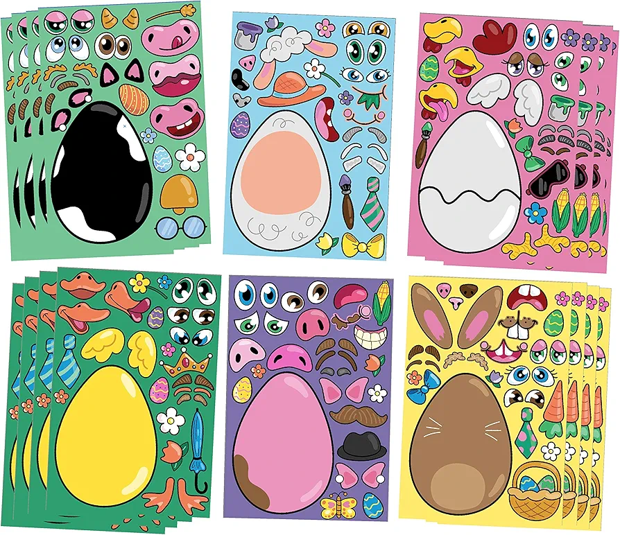 JOYIN 24 PCS Easter Mix and Match Make a Face Animal Stickers with Easter Egg Themed Pig, Bunny, Chicken, Cow, Sheep, Duck Party Favor Supplies, Art and Craft